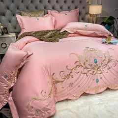 Egyptian Cotton Bedding Set Golden Embroidery Home Textiles Super Soft Bed Duvet Sheet Set King Queen Size Chic Stitch Linen 이불 - SHOWLU FASHION STORE