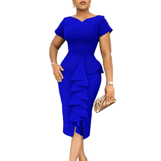 Elegant African Dresses for Women 2024 Summer African Short Sleeve V - neck Polyester Bodycon Dress Gowns Outfits Africa Clothing - SHOWLU FASHION STORE
