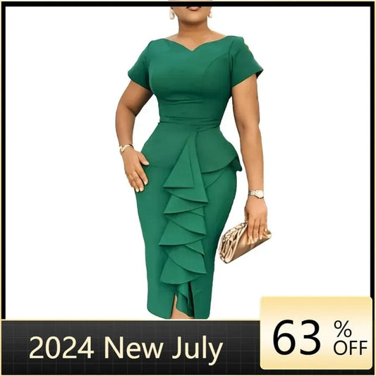 Elegant African Dresses for Women 2024 Summer African Short Sleeve V - neck Polyester Bodycon Dress Gowns Outfits Africa Clothing - SHOWLU FASHION STORE