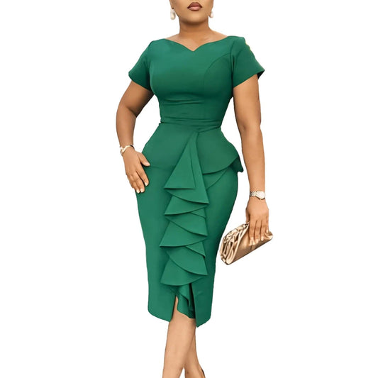 Elegant African Dresses for Women 2024 Summer African Short Sleeve V - neck Polyester Bodycon Dress Gowns Outfits Africa Clothing - SHOWLU FASHION STORE