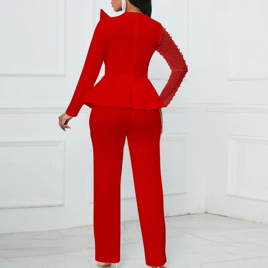 Elegant Jumpsuits for Women 2024 Luxury Round Neck Beaded Full Sleeve High Waisted Straight Female Birthday Party Dinner Outfits - SHOWLU FASHION STORE