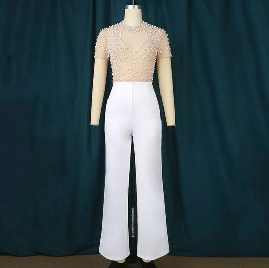 Elegant Jumpsuits & Rompers for Women O Nec Short Sleeve Beaded High Waisted Luxury Female Birthday Dinner Party Overalls Outfit - SHOWLU FASHION STORE