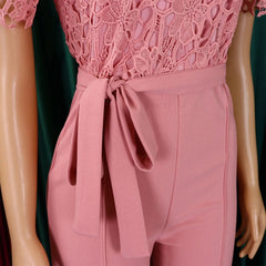 Elegant Jumpsuits & Rompers for Women O Neck Lace Patchwork Short Sleeve Sashes High Waisted Luxury Birthday Party Dinner Outfit - SHOWLU FASHION STORE