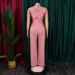 Elegant Jumpsuits & Rompers for Women O Neck Lace Patchwork Short Sleeve Sashes High Waisted Luxury Birthday Party Dinner Outfit - SHOWLU FASHION STORE
