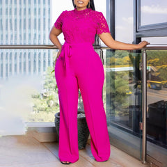 Elegant Jumpsuits & Rompers for Women O Neck Lace Patchwork Short Sleeve Sashes High Waisted Luxury Birthday Party Dinner Outfit - SHOWLU FASHION STORE
