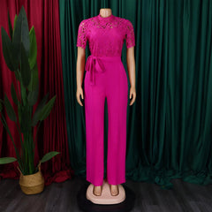 Elegant Jumpsuits & Rompers for Women O Neck Short Sleeve Sashes Lace Patchwork Luxury Female Birthday Party Overalls Clothes OL - SHOWLU FASHION STORE