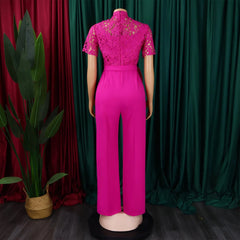 Elegant Jumpsuits & Rompers for Women O Neck Short Sleeve Sashes Lace Patchwork Luxury Female Birthday Party Overalls Clothes OL - SHOWLU FASHION STORE