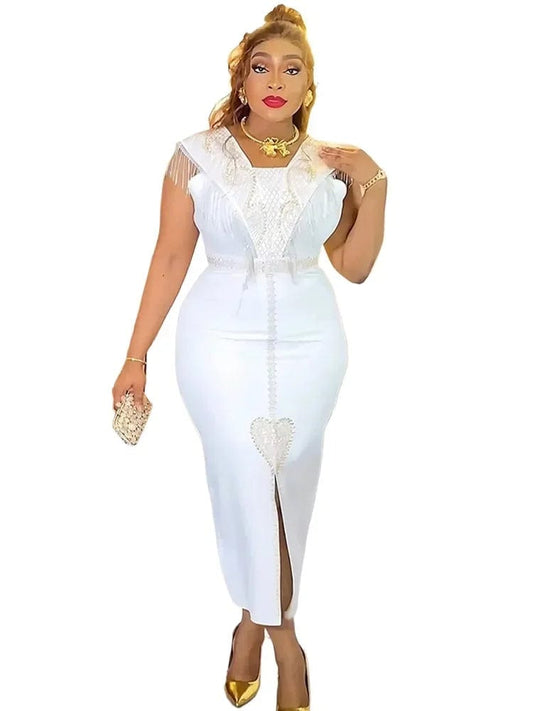 Elegant Ladies Party Dresses African Clothes Luxury Sequin Tassel Dress Office Ladies Overalls Sleeveless Bodycon Maxi Robes - SHOWLU FASHION STORE