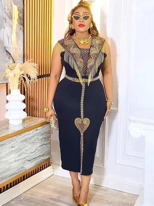 Elegant Ladies Party Dresses African Clothes Luxury Sequin Tassel Dress Office Ladies Overalls Sleeveless Bodycon Maxi Robes - SHOWLU FASHION STORE
