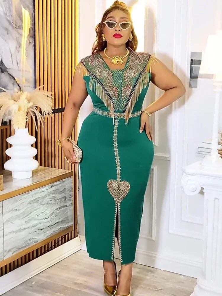 Elegant Ladies Party Dresses African Clothes Luxury Sequin Tassel Dress Office Ladies Overalls Sleeveless Bodycon Maxi Robes - SHOWLU FASHION STORE