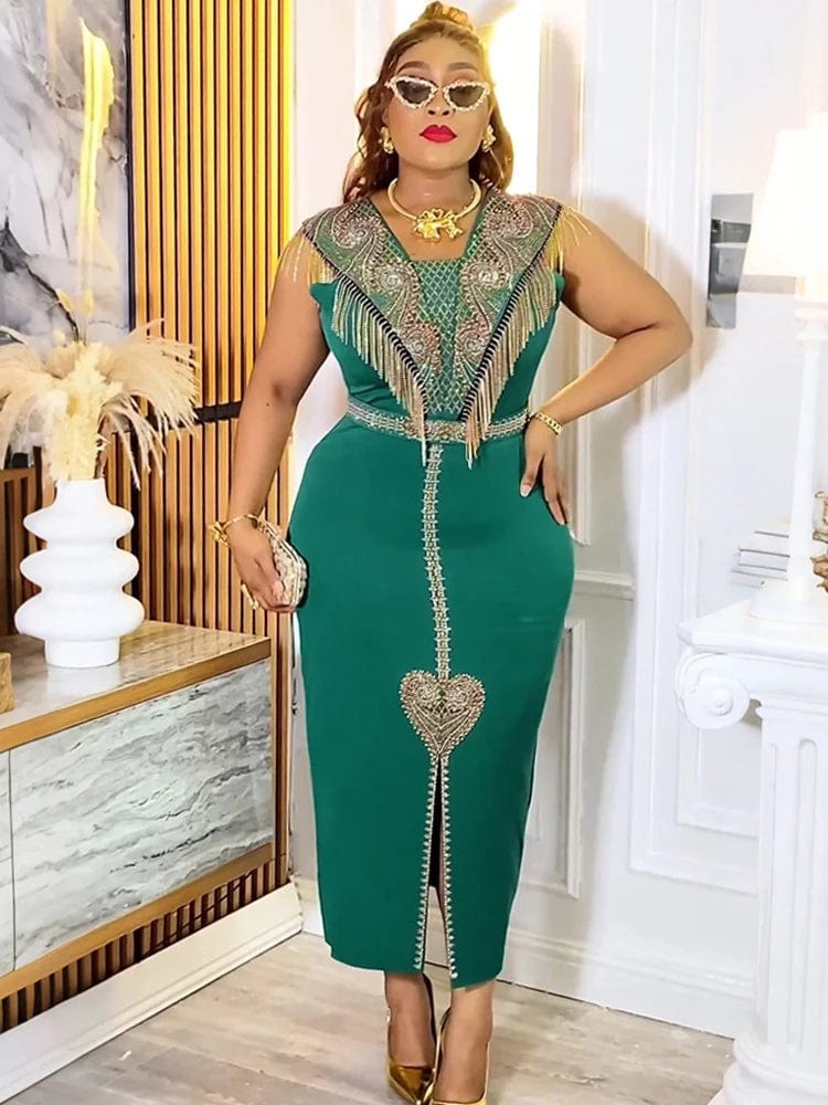 Elegant Ladies Party Dresses African Clothes Luxury Sequin Tassel Dress Office Ladies Overalls Sleeveless Bodycon Maxi Robes - SHOWLU FASHION STORE