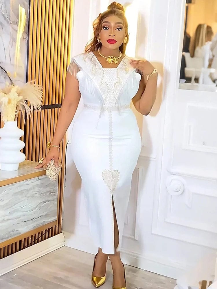 Elegant Ladies Party Dresses African Clothes Luxury Sequin Tassel Dress Office Ladies Overalls Sleeveless Bodycon Maxi Robes - SHOWLU FASHION STORE