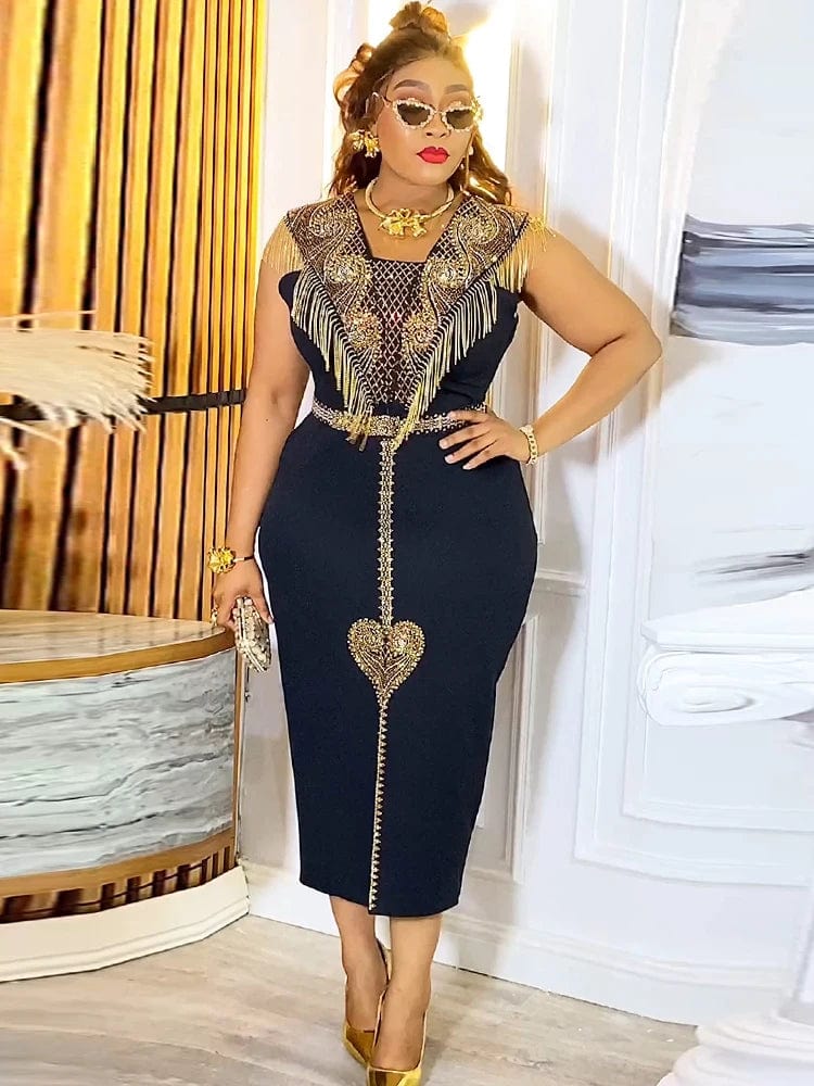Elegant Ladies Party Dresses African Clothes Luxury Sequin Tassel Dress Office Ladies Overalls Sleeveless Bodycon Maxi Robes - SHOWLU FASHION STORE