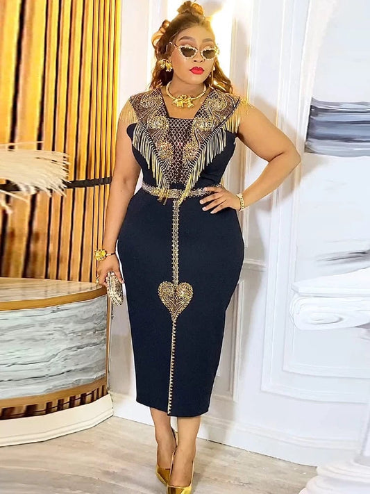 Elegant Ladies Party Dresses African Clothes Luxury Sequin Tassel Dress Office Ladies Overalls Sleeveless Bodycon Maxi Robes - SHOWLU FASHION STORE