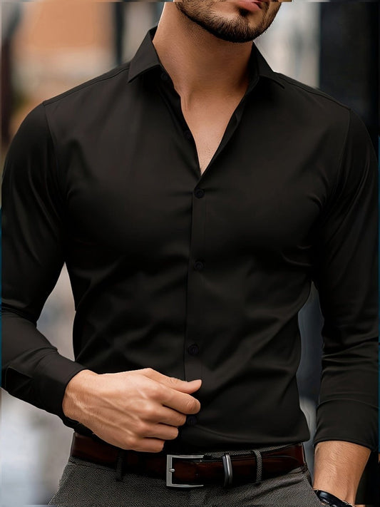 Elegant Men's Long Sleeve Shirt in Solid Colors - Comfortable, Machine Washable with Flap Collar for Spring/Fall - SHOWLU FASHION STORE