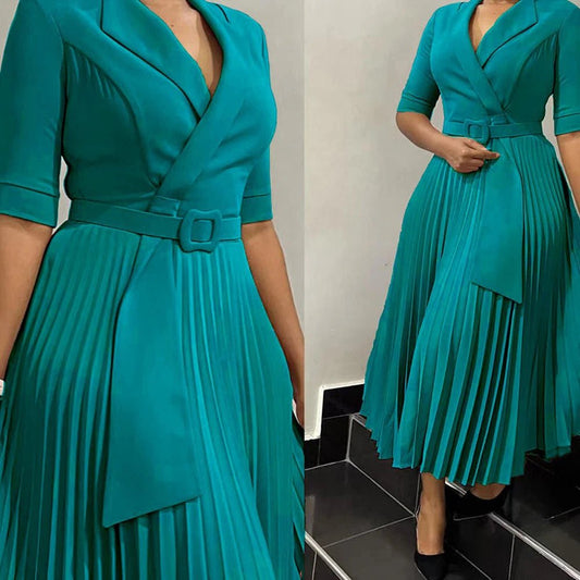 Elegant Office Ladies Dresses 2024 Autumn Fall Notched Collar Half Sleeve Belt Waisted Mid Calf Female Birthday Party Dress Midi - SHOWLU FASHION STORE