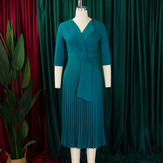 Elegant Office Ladies Dresses 2024 Autumn Fall Notched Collar Half Sleeve Belt Waisted Mid Calf Female Birthday Party Dress Midi - SHOWLU FASHION STORE