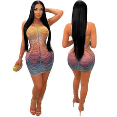 Elegant Rhinestone Mesh Halter Dress - SHOWLU FASHION STORE