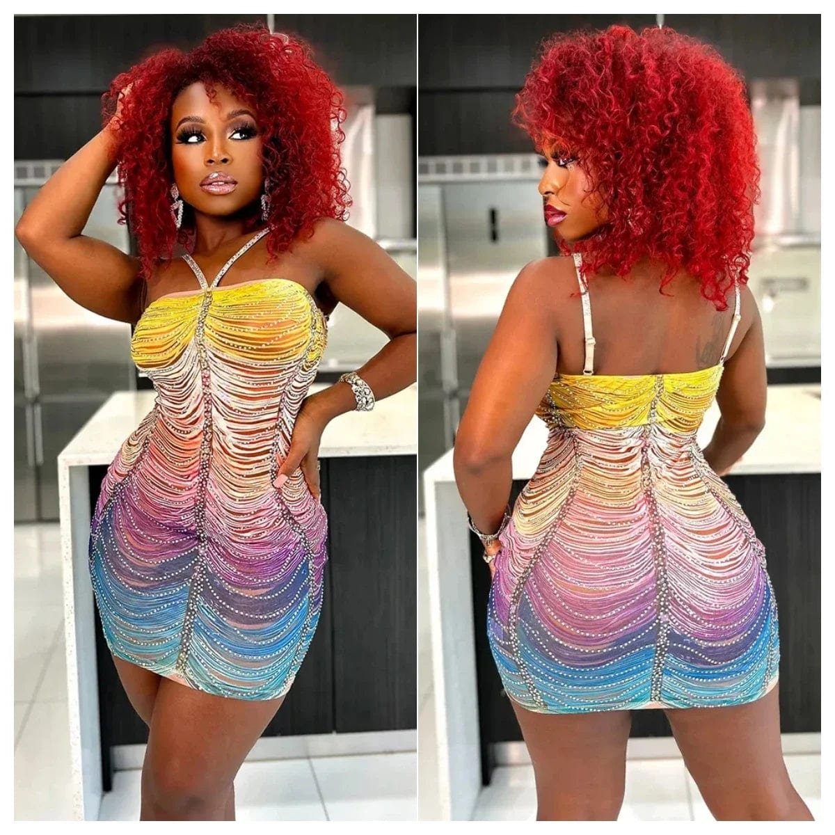 Elegant Rhinestone Mesh Halter Dress - SHOWLU FASHION STORE