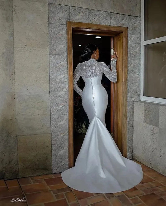 Elegant Satin Mermaid Wedding Dresses Long Sleeves Back Buttons Long Fitted Bridal Gowns Pretty Bride Formal Dress 2024 - SHOWLU FASHION STORE
