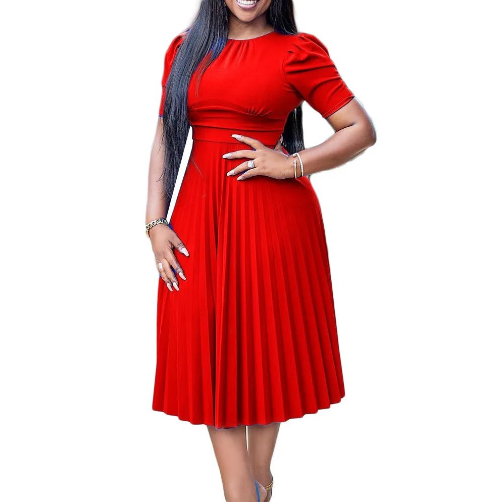 Elegant Solid Pleated Dress Women Summer Casual O - Neck Short Sleeve Office Lady Midi Dress Female Clothes Fashion Party Vestidos - SHOWLU FASHION STORE
