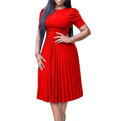 Elegant Solid Pleated Dress Women Summer Casual O - Neck Short Sleeve Office Lady Midi Dress Female Clothes Fashion Party Vestidos - SHOWLU FASHION STORE
