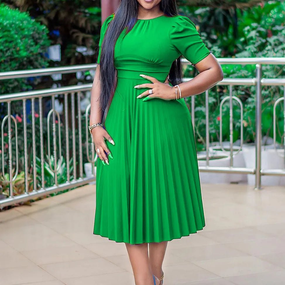 Elegant Solid Pleated Dress Women Summer Casual O - Neck Short Sleeve Office Lady Midi Dress Female Clothes Fashion Party Vestidos - SHOWLU FASHION STORE