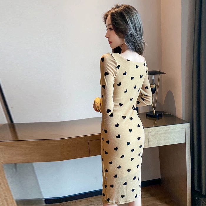 Elegant V - neck Show Chest Kinked Heart Printed Midi Skirt - SHOWLU FASHION STORE