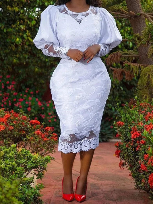 Elegant Women White Lace Dress Puff Sleeve Embroidery Pencil Dress Large Size 4XL Ladies Wedding Birthday Dinner Evening Clothes - SHOWLU FASHION STORE