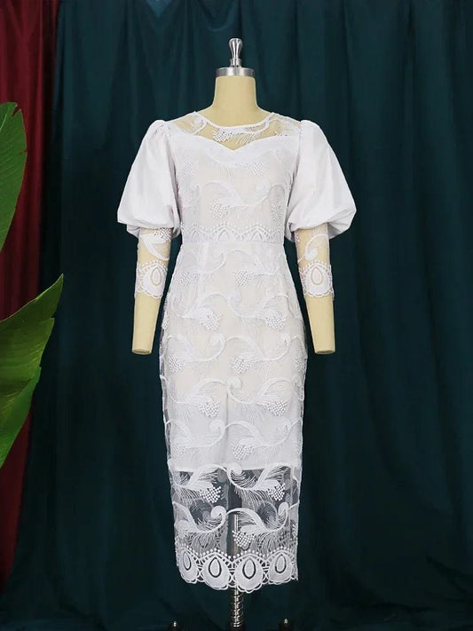 Elegant Women White Lace Dress Puff Sleeve Embroidery Pencil Dress Large Size 4XL Ladies Wedding Birthday Dinner Evening Clothes - SHOWLU FASHION STORE