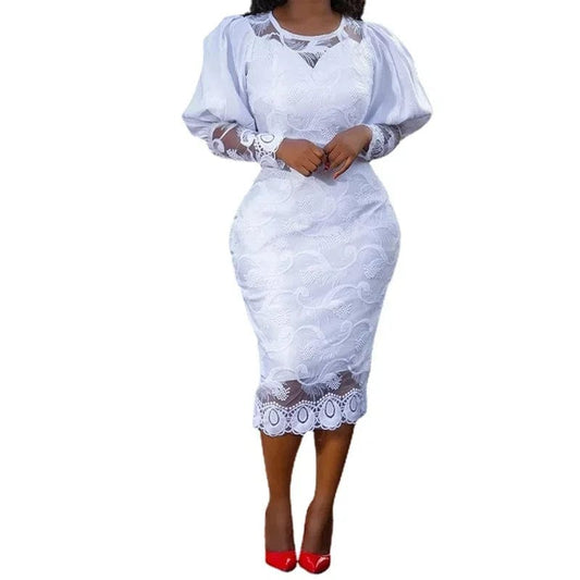 Elegant Women White Lace Dress Puff Sleeve Embroidery Pencil Dress Large Size 4XL Ladies Wedding Birthday Dinner Evening Clothes - SHOWLU FASHION STORE