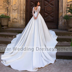 Elegant Women's Long Sleeve Bridal Dresses Lace Applique Princess Prom Formal Beach Party Wedding Gowns Satin Pleated Plus Size - SHOWLU FASHION STORE
