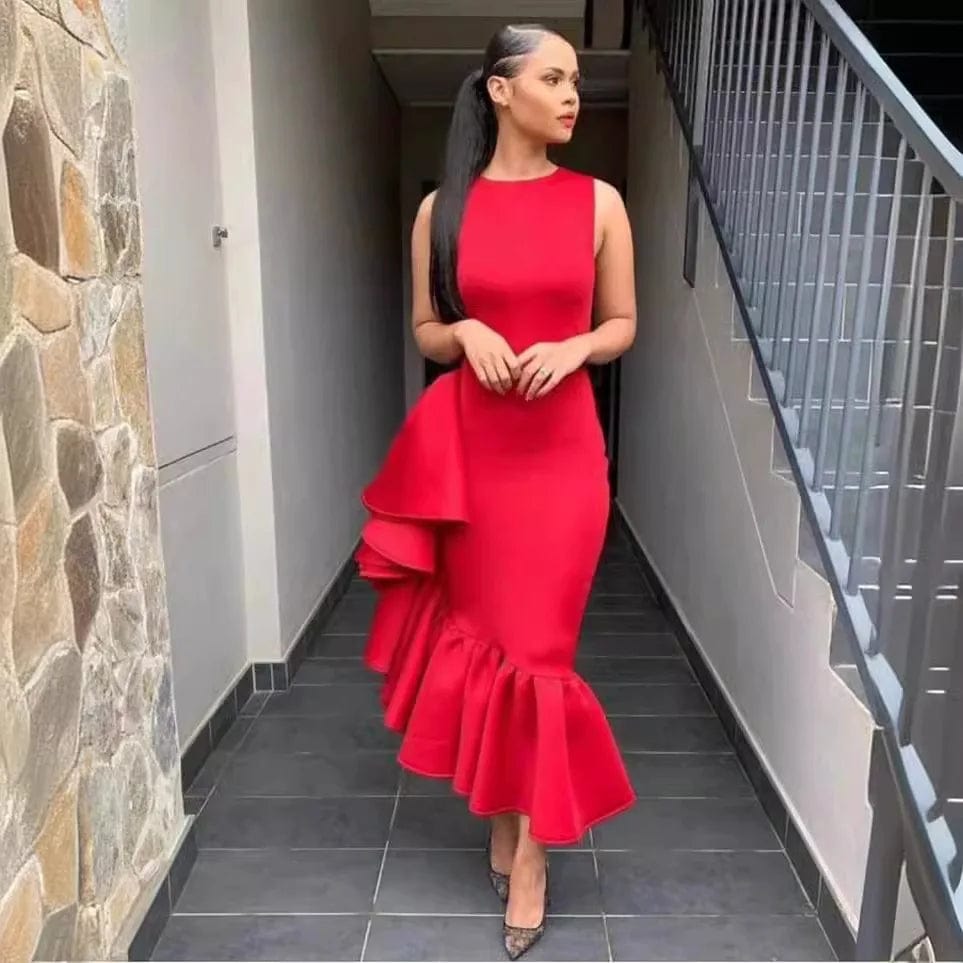 Elegant Women's Midi Evening Dress Sleeveless Ruffles Pleated Bodycon Party Wedding Clothing Summer Ladies Long Pencil Dresses - SHOWLU FASHION STORE
