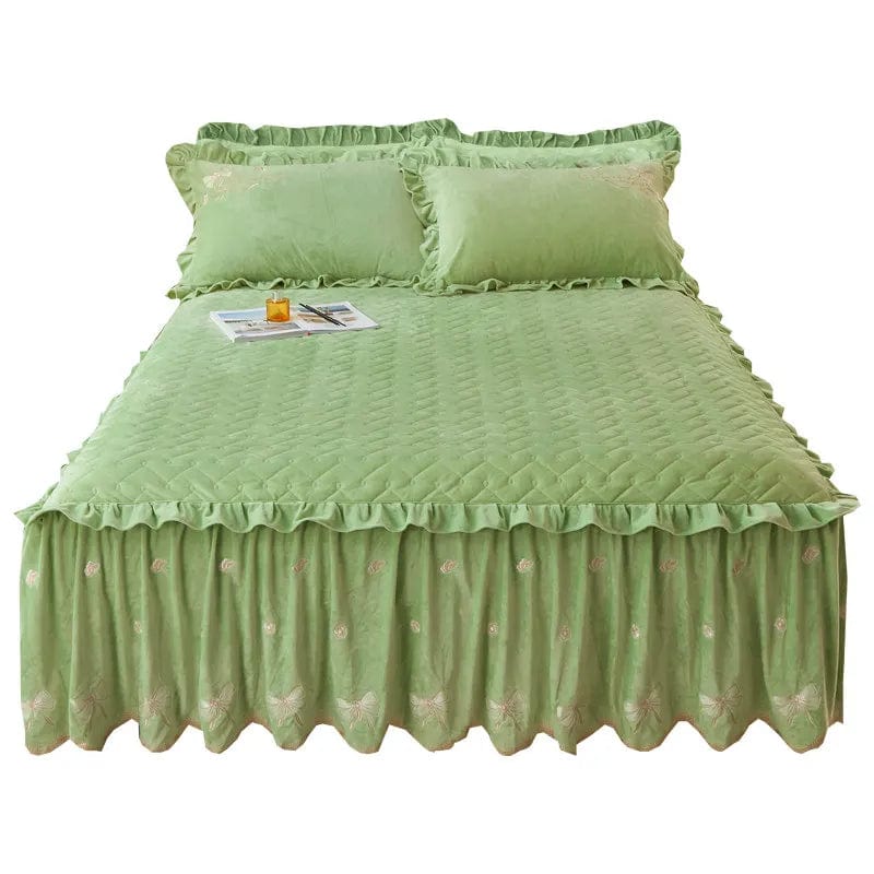 Embroidery Bow Quilted Bedspreads, Fleece, Plain, Super Soft, Velvet, Queen, Double Bed Cover, Ruffle Bed Skirt, 2 Pillowcases - SHOWLU FASHION STORE