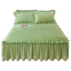 Embroidery Bow Quilted Bedspreads, Fleece, Plain, Super Soft, Velvet, Queen, Double Bed Cover, Ruffle Bed Skirt, 2 Pillowcases - SHOWLU FASHION STORE