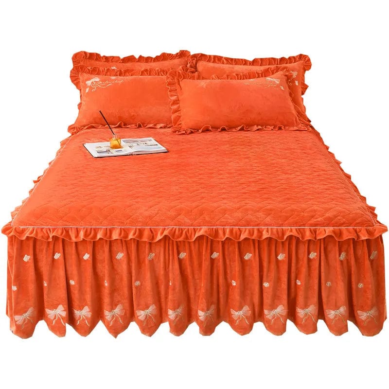 Embroidery Bow Quilted Bedspreads, Fleece, Plain, Super Soft, Velvet, Queen, Double Bed Cover, Ruffle Bed Skirt, 2 Pillowcases - SHOWLU FASHION STORE