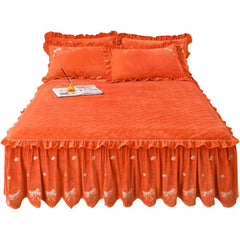 Embroidery Bow Quilted Bedspreads, Fleece, Plain, Super Soft, Velvet, Queen, Double Bed Cover, Ruffle Bed Skirt, 2 Pillowcases - SHOWLU FASHION STORE