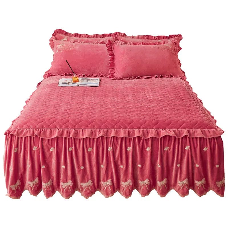 Embroidery Bow Quilted Bedspreads, Fleece, Plain, Super Soft, Velvet, Queen, Double Bed Cover, Ruffle Bed Skirt, 2 Pillowcases - SHOWLU FASHION STORE