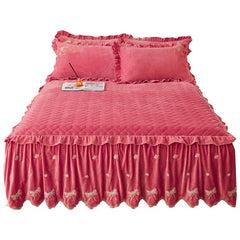 Embroidery Bow Quilted Bedspreads, Fleece, Plain, Super Soft, Velvet, Queen, Double Bed Cover, Ruffle Bed Skirt, 2 Pillowcases - SHOWLU FASHION STORE