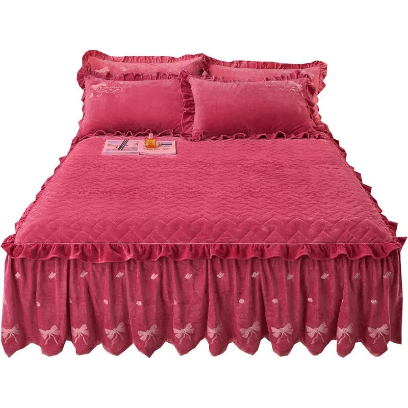 Embroidery Bow Quilted Bedspreads, Fleece, Plain, Super Soft, Velvet, Queen, Double Bed Cover, Ruffle Bed Skirt, 2 Pillowcases - SHOWLU FASHION STORE