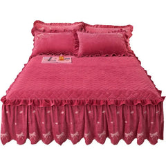 Embroidery Bow Quilted Bedspreads, Fleece, Plain, Super Soft, Velvet, Queen, Double Bed Cover, Ruffle Bed Skirt, 2 Pillowcases - SHOWLU FASHION STORE