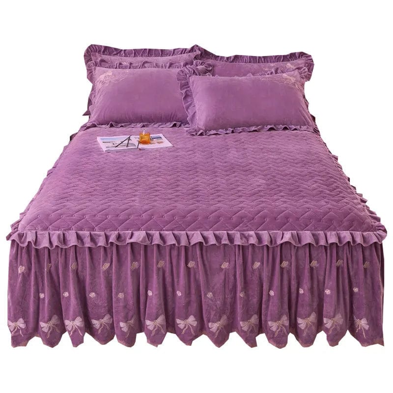 Embroidery Bow Quilted Bedspreads, Fleece, Plain, Super Soft, Velvet, Queen, Double Bed Cover, Ruffle Bed Skirt, 2 Pillowcases - SHOWLU FASHION STORE