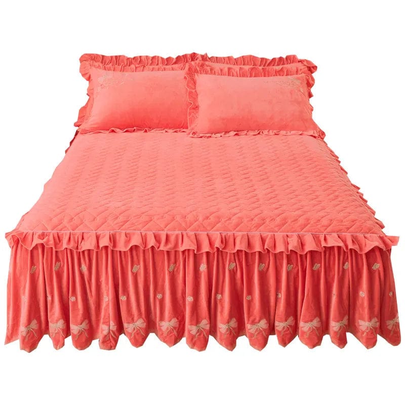 Embroidery Bow Quilted Bedspreads, Fleece, Plain, Super Soft, Velvet, Queen, Double Bed Cover, Ruffle Bed Skirt, 2 Pillowcases - SHOWLU FASHION STORE