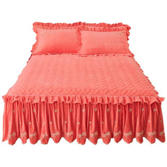 Embroidery Bow Quilted Bedspreads, Fleece, Plain, Super Soft, Velvet, Queen, Double Bed Cover, Ruffle Bed Skirt, 2 Pillowcases - SHOWLU FASHION STORE