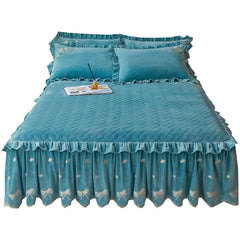 Embroidery Bow Quilted Bedspreads, Fleece, Plain, Super Soft, Velvet, Queen, Double Bed Cover, Ruffle Bed Skirt, 2 Pillowcases - SHOWLU FASHION STORE