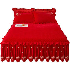 Embroidery Bow Quilted Bedspreads, Fleece, Plain, Super Soft, Velvet, Queen, Double Bed Cover, Ruffle Bed Skirt, 2 Pillowcases - SHOWLU FASHION STORE