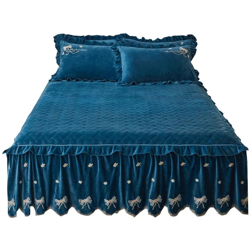 Embroidery Bow Quilted Bedspreads, Fleece, Plain, Super Soft, Velvet, Queen, Double Bed Cover, Ruffle Bed Skirt, 2 Pillowcases - SHOWLU FASHION STORE