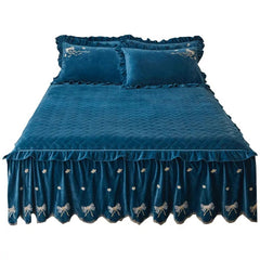 Embroidery Bow Quilted Bedspreads, Fleece, Plain, Super Soft, Velvet, Queen, Double Bed Cover, Ruffle Bed Skirt, 2 Pillowcases - SHOWLU FASHION STORE