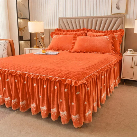 Embroidery Bow Quilted Bedspreads, Fleece, Plain, Super Soft, Velvet, Queen, Double Bed Cover, Ruffle Bed Skirt, 2 Pillowcases - SHOWLU FASHION STORE