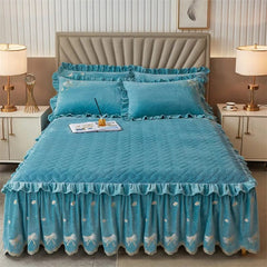 Embroidery Bow Quilted Bedspreads, Fleece, Plain, Super Soft, Velvet, Queen, Double Bed Cover, Ruffle Bed Skirt, 2 Pillowcases - SHOWLU FASHION STORE
